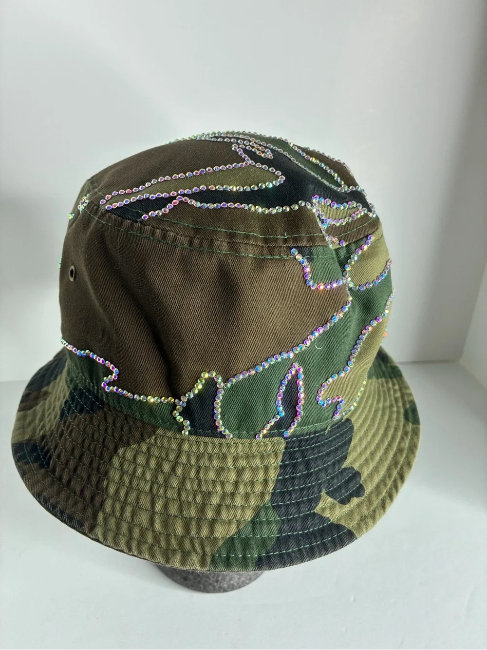 Custom Rhinestone Camouflage Bucket Hat - Green